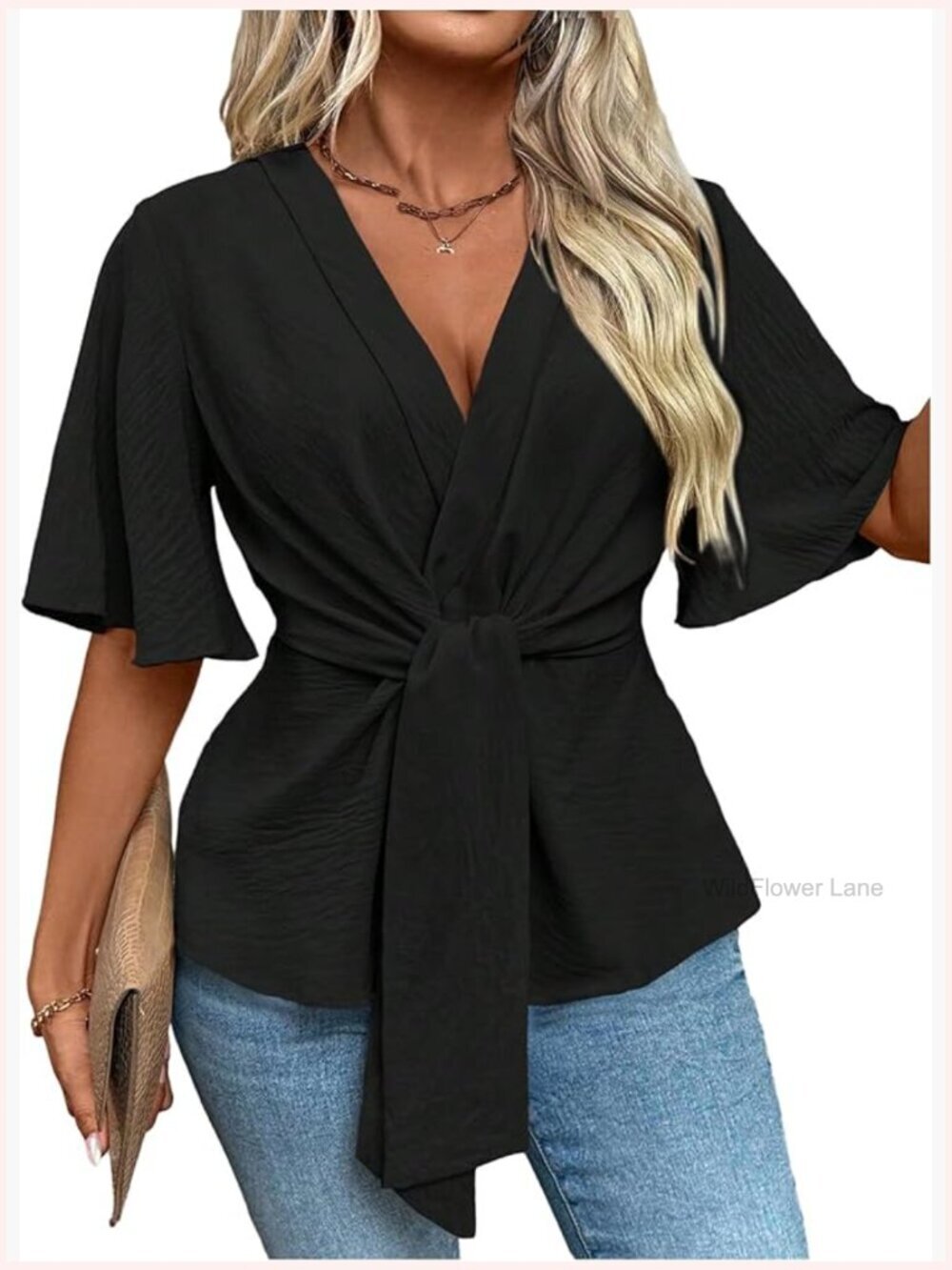 Plus Size Wrap Blouse V Neck Knot Ruffle Short Sleeve Top